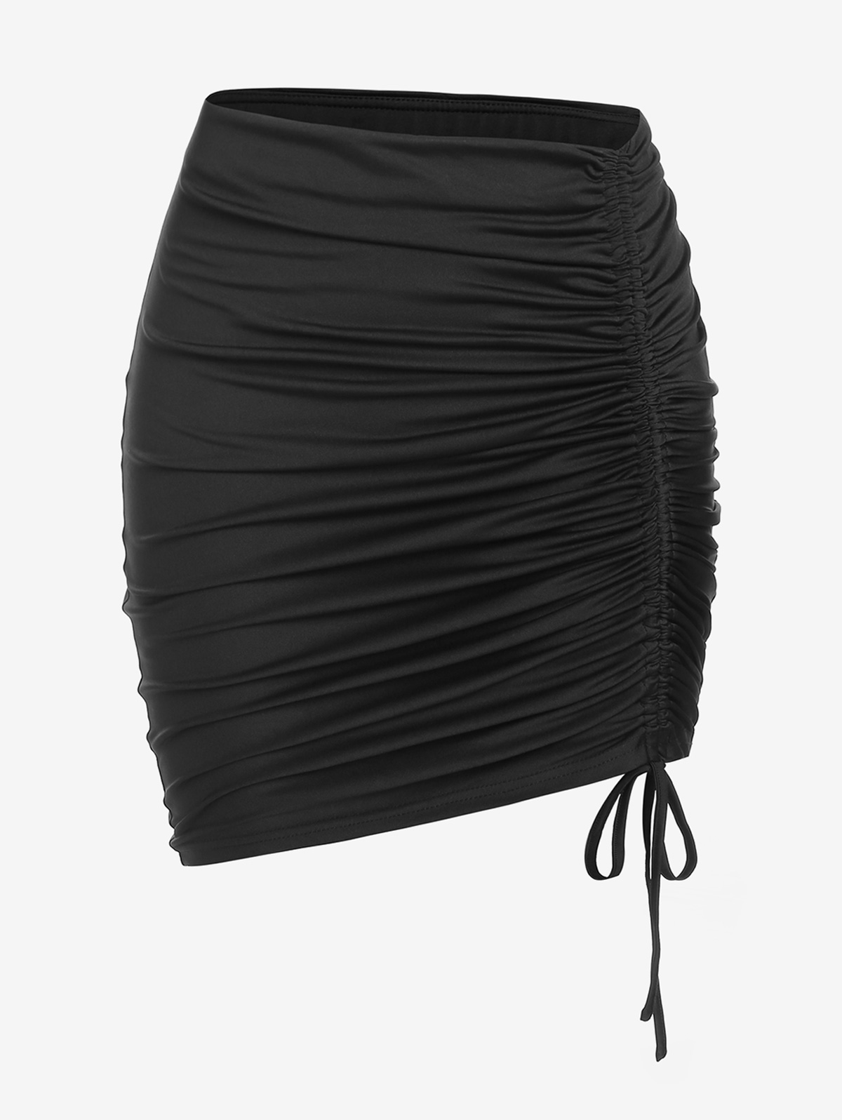 ROSEGAL Black Ruched Cinched Solid Bodycon Skirt Summer Women Elastic Waist Straight  Casual Work Slim Mini Skirt