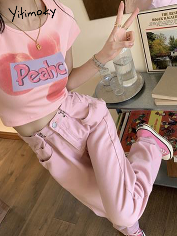 Yitimoky Pink Baggy Jeans Adjustable Waist Woman High Waist Summer   Streetwear Wide Leg Women Casual Cowboy Pant
