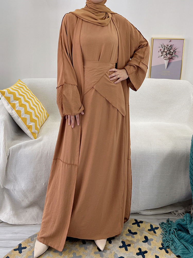 3 Piece Abaya Set Crepe Matching Muslim Sets Open Abayas for Women Dubai Turkey Hijab Inner Dress with Wrap Skirt Islam Clothes