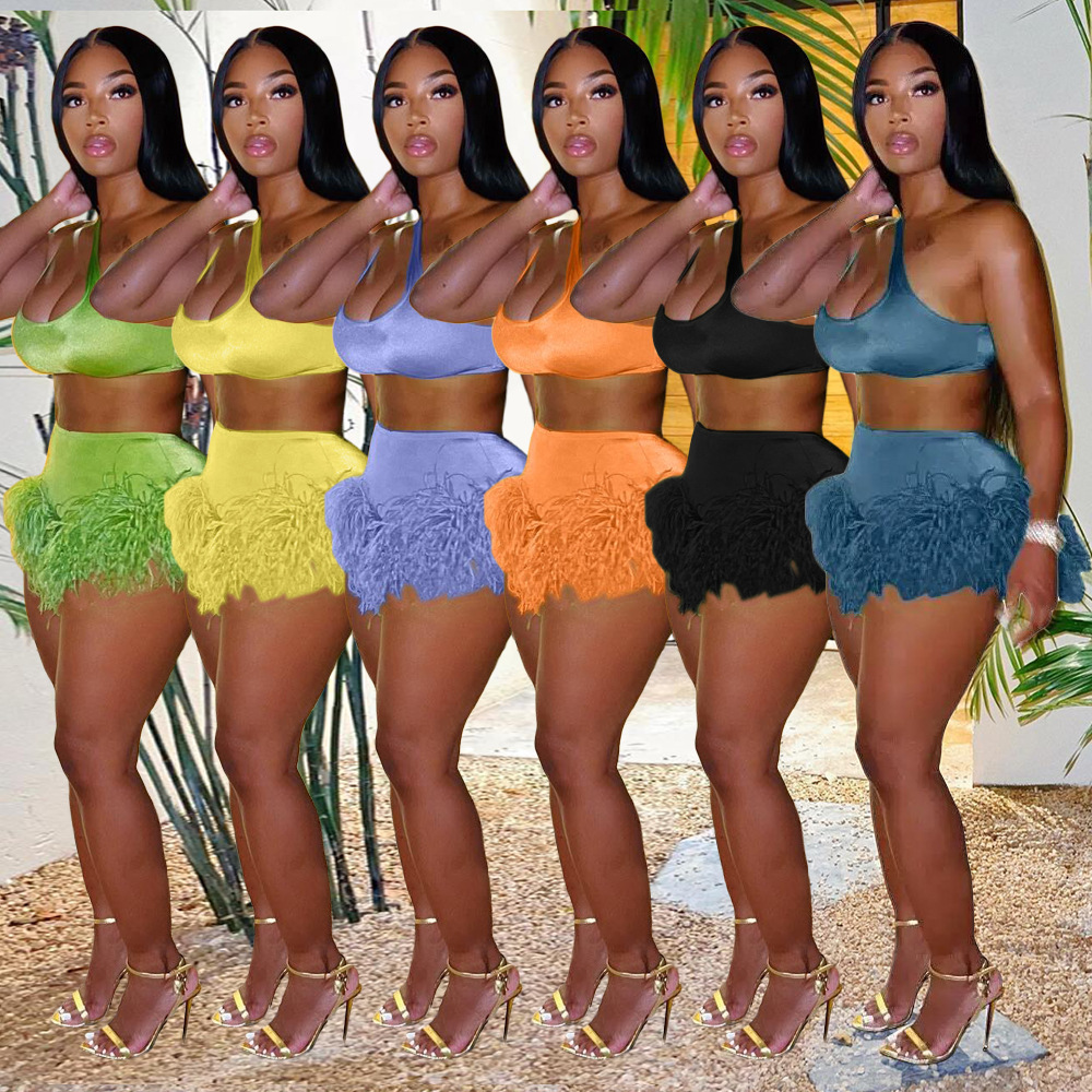 Echoine Solid Feather Fringe Shorts Crop Top Two Piece Set Summer Streetwear Women Sexy Bodycon Tracksuit Party Outfits 