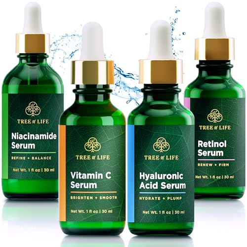 Tree of Life Facial Skin Care Set, Brightening, Firming, Hydrating, Dry Face, Dermatologist Tested - Niacinamide + Vitamin C + Retinol + Hyaluronic Acid Serum - Skin Care Kit - 4 count of 1 Fl Oz