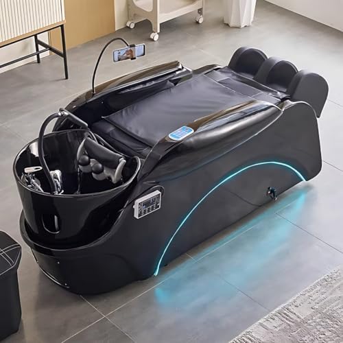 Salon Shampoo Bed-Massage Table with Unique Black Curved Design, Head Spa Equipment& Beauty Bed Includes Water Cycle, Water Heater, Back Heating Massage(76.77IN)
