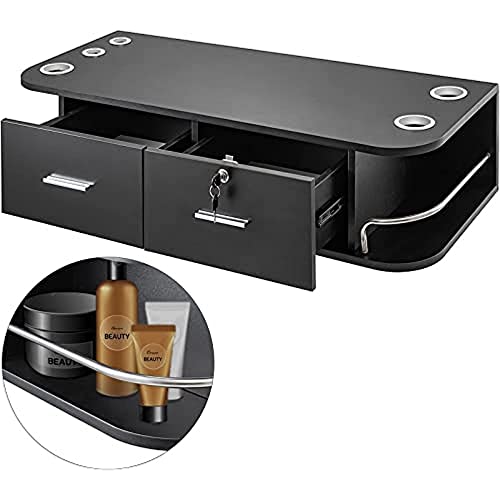 VEVOR Black Wall Mount Styling Station Classic Locking 2 Drawers Storage Beauty Salon Equipment 5 Hair Dryer Holes Locking Cabinet for Beauty Salon or SPA, Barber Shop, Home & Bathroom