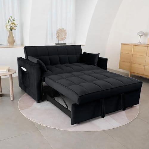 55.2'' Pull Out Couch 2-Seater Sleeper Loveseat, 3-in-1 Reclining Sofa Bed, Futon Adjustable Backrest with Pillows, Pockets, Couch for Living Room Apartment Lounge, Black