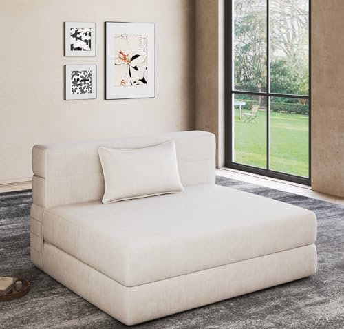 Luoxiao Folding Sofa Bed Twin with Pillow, Portable Foldable Sofa Bed for Travel, Camping, Guest, Trifold Mattress with Breathable & Washable Cover, Convertible and Easy to Storage, Off White