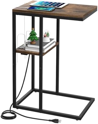 Yoobure C Shaped End Table with Charging Station for Living Room, Bedroom, Sofa Table with USB Ports and Outlets for Small Spaces, C Couch Rustic Snack Bed Table