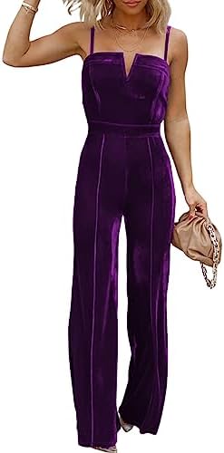 BLENCOT Sleeveless Velvet Jumpsuits For Women V Neck Spaghetti Straps Wide Leg Long Pants Dressy Rompers Winter Overalls S-XL