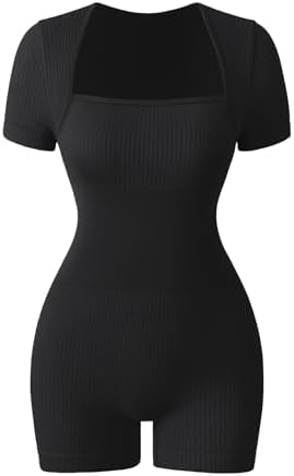 VVX Short Sleeve Bodycon Jumpsuit for Women Tummy Control Square Neck Yoga One Piece Shorts Rompers