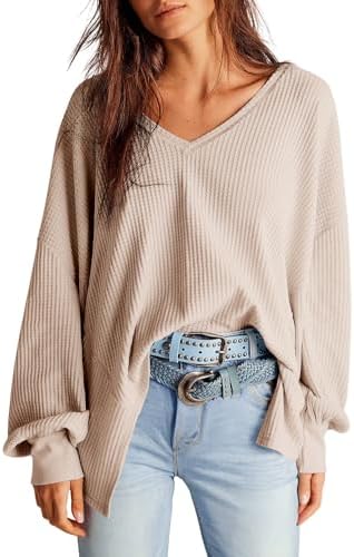 Dokotoo Womens Waffle Knit Tops 2024 Fashion Long Lantern Sleeve Casual Blouses V Neck Oversized T Shirts