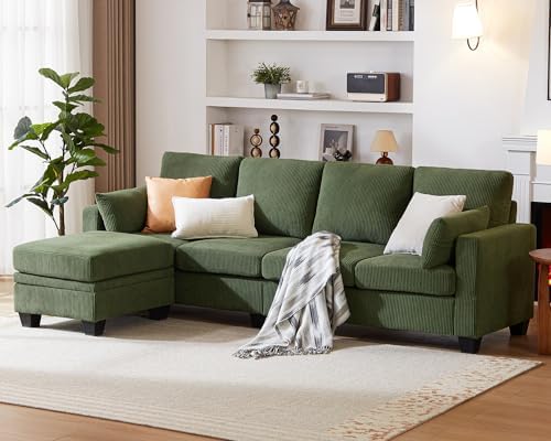 CHIC HOUSE Corduroy Sectional Couch with Ottoman Chaise, L Shaped 4-seat Sofa for Living Room, Apartment, Lounge, Modern Armrest Neck Support Furniture