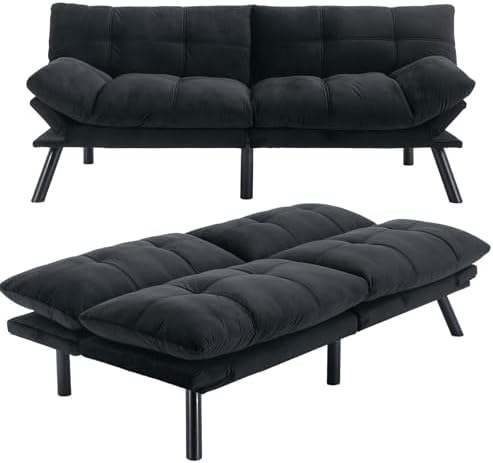 Velvet Convertible Futon Sofa Bed, 71" Comfy Loveseat Sleeper Sofa with Adjustable Backrest Armrest, Strengthen Wood, Thick Padded Cushion, Small 2 Seater Futon Couch for Living Room, Bedroom